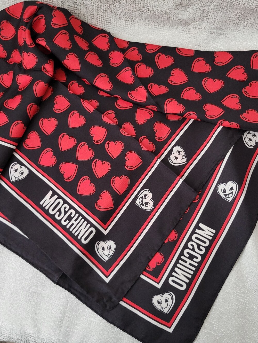 Moschino Black with Red Heart Print Silk Square Scarf new with tags